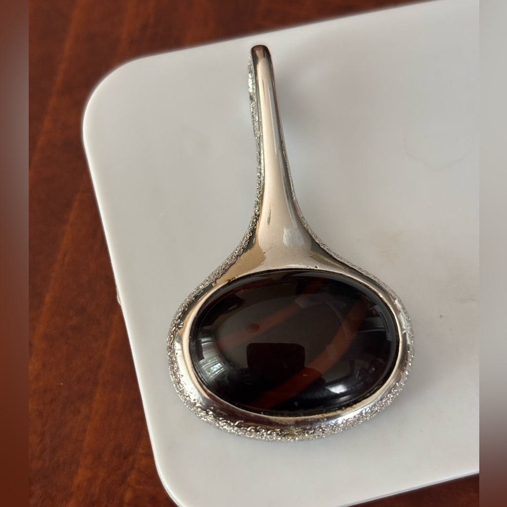 Vintage Sarah Coventry Oval Pendant, Silver cooper and Brown stone